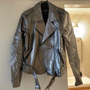 Guess brand faux leather jacket with belt. Pewter color.